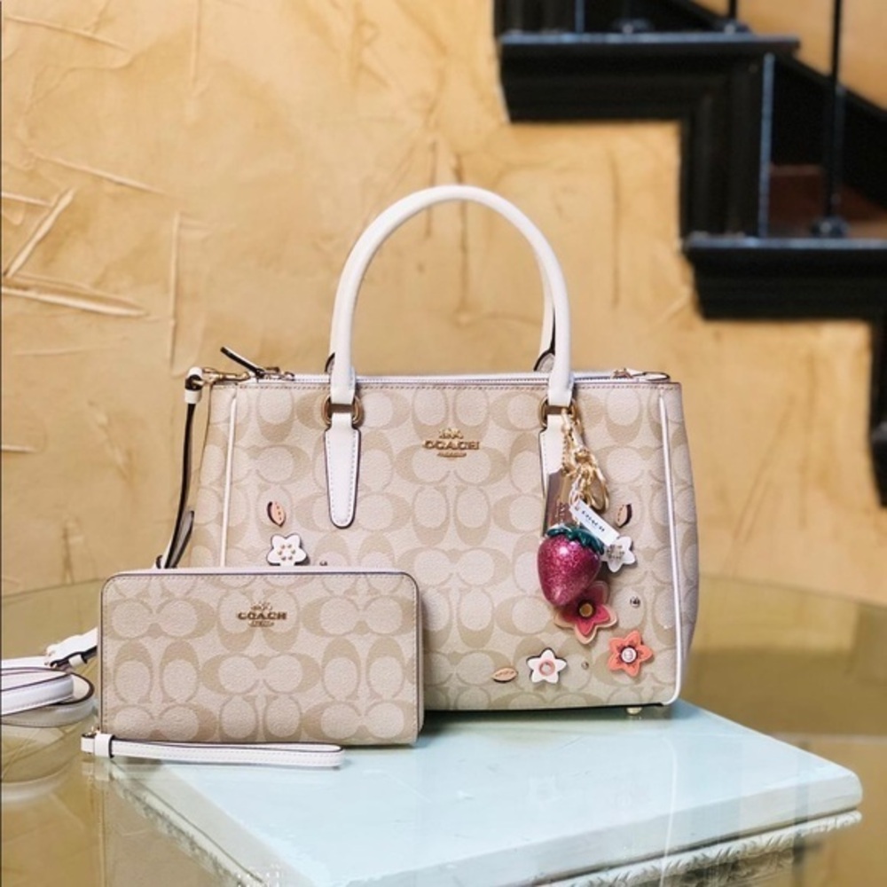 Coach signature floral satchel+wallet+charm set